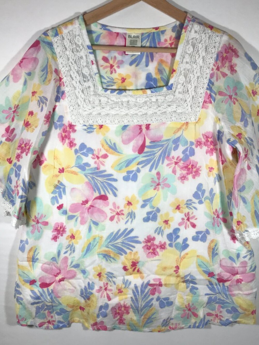 Blair Women's Large Multicolor Square Neck Lace Trim Lined Trumpet Short Sleeve